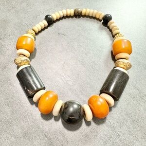 Vintage African Tribal Horn Bone Amber Bakelite Beaded Statement Necklace